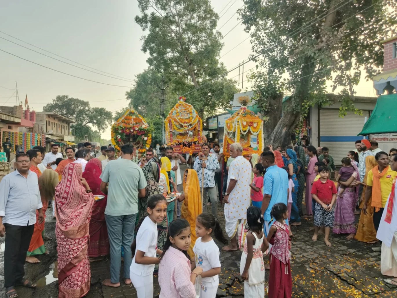 डोल ग्यारस पर भगवान के डोले के आसपास पूजा-अर्चना करते श्रद्धालु, बलवाड़ा